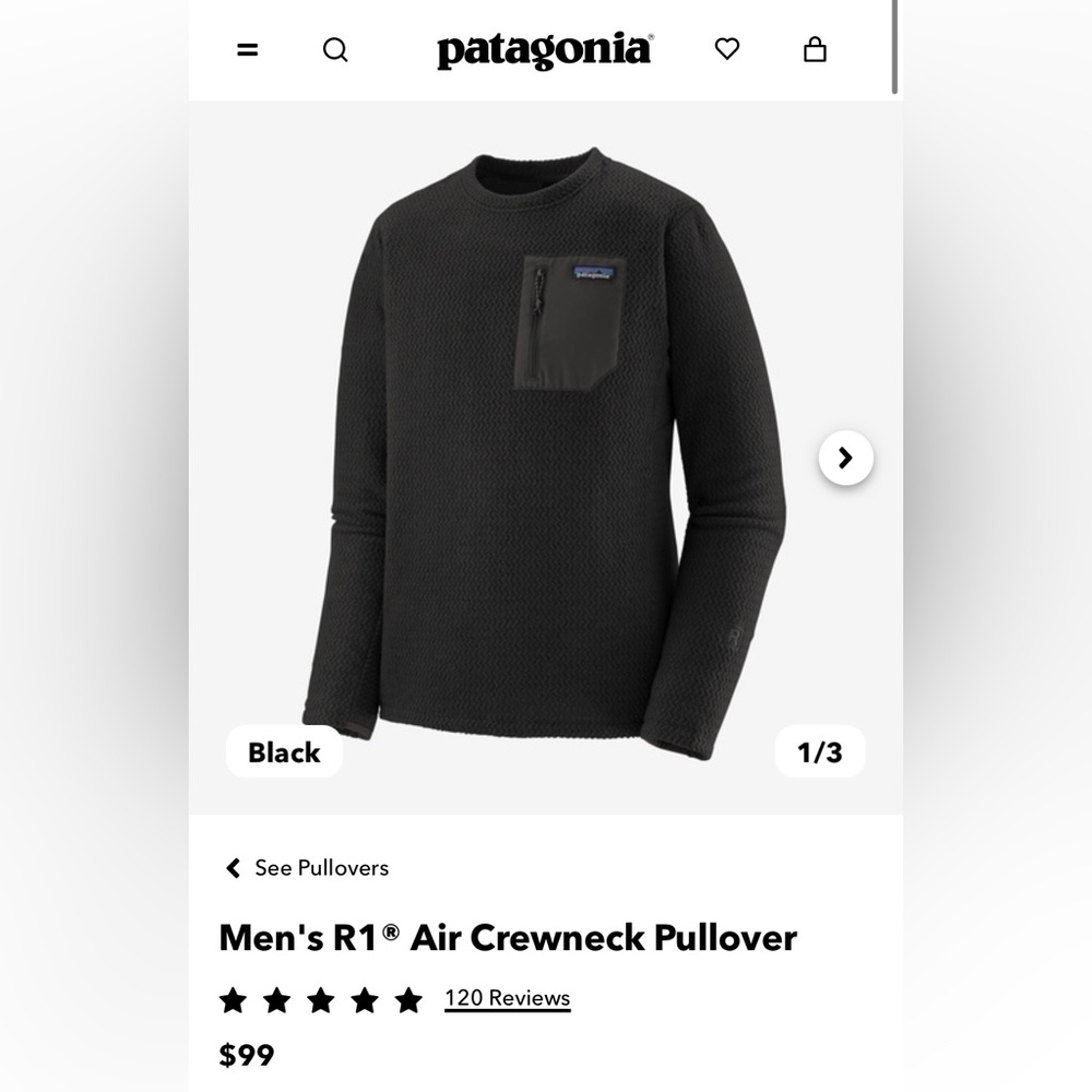 Patagonia R1 Air Crewneck Pullover (Black, Size M, Men’s)